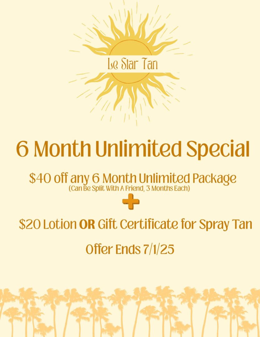 6-month unlimited spray tan special with discounts and gift options.