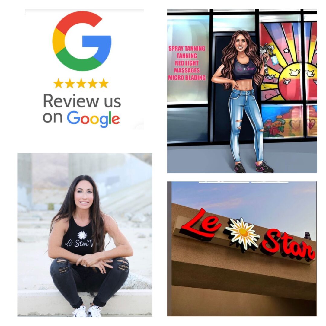 Collage showing a woman posing outdoors and a review invitation from Google.
